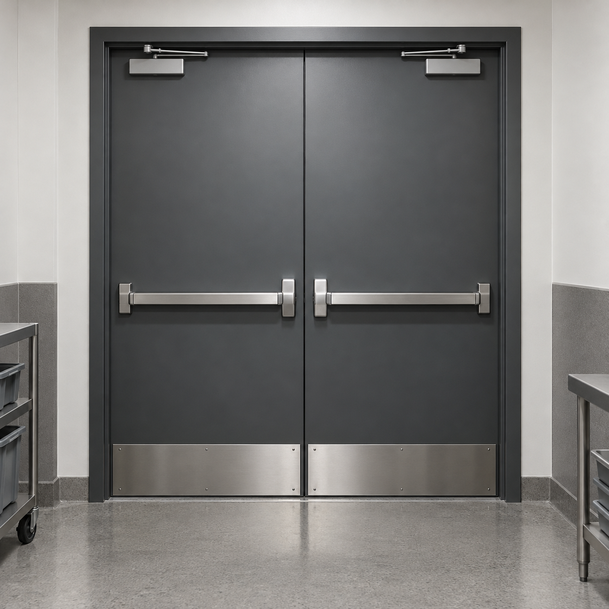 Graphite double solid steel exit doors