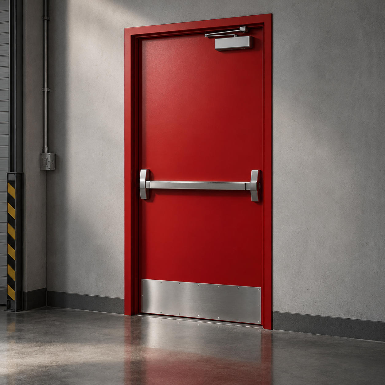 Red single solid steel exit door